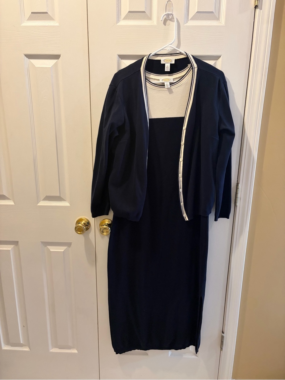 Talbots Navy and Cream Knit Midi Dress with Navy Cardigan Set
